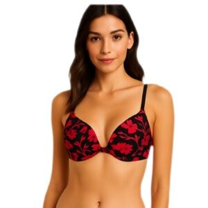 Adrienne Vittadini Black Red Floral Lace Underwire Padded Bra 34C